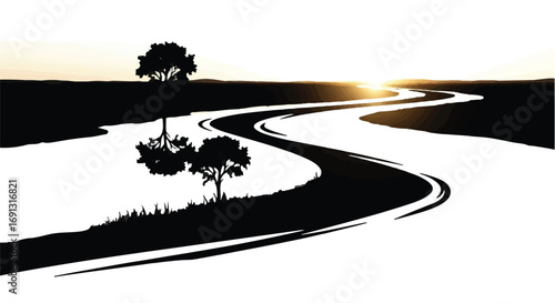 Serene river winds through a silhouetted landscape at sunset, promising a journey ahead.