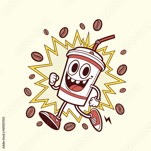Coffee Addiction vector Energetic cartoon coffee cup character running with a straw and coffee beans