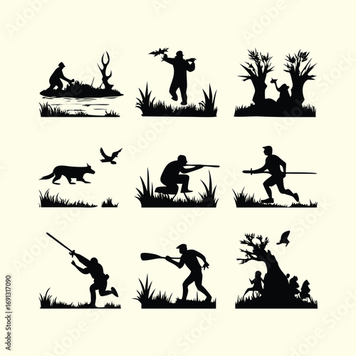 Silhouette Illustrations Depicting Hunting Scenes and Wildlife Interactions, Vector Collection of Hunters, Animals, and Nature Elements for Outdoor Adventure, Survival, and Wilderness Design Themes 