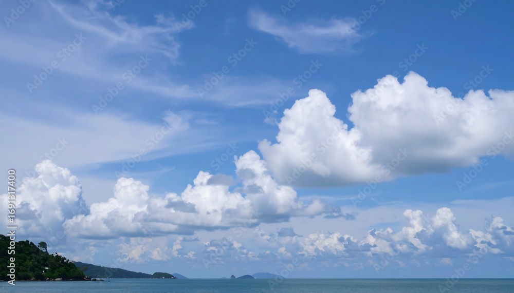 Obraz premium Expansive blue sky, fluffy white clouds, serene ocean
