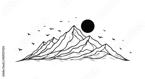 Majestic mountain range under a dark sun with birds in flight, evoking adventure and nature's grandeur.
