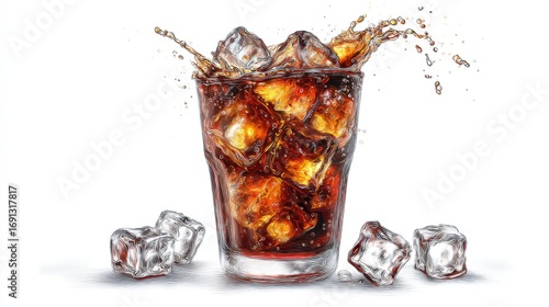 Refreshing Cold Drink with Ice Cubes Splashing in Glass