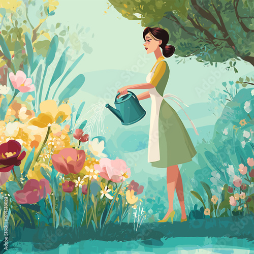 A woman tending to flowers in a vibrant garden. The scene captures the beauty of nature with colorful blooms and lush foliage