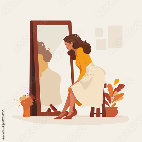 A woman is looking at her reflection in the mirror
