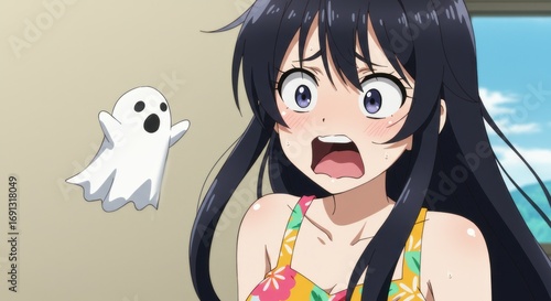 A shocked anime girl with a terrified expression reacts in surprise to a cute cartoon ghost floating beside her