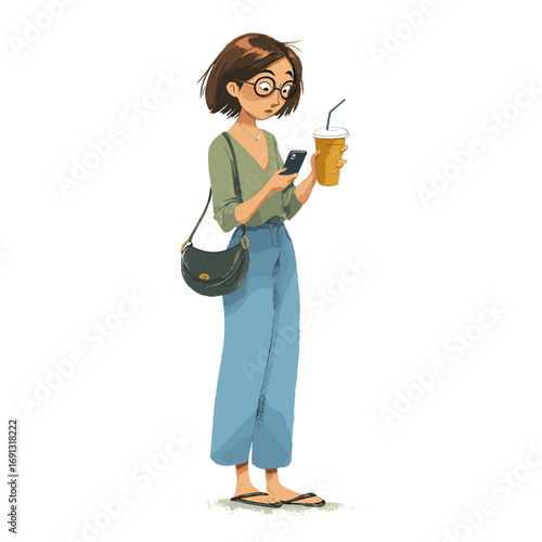 An illustration of a stylish woman using her phone while holding a cold drink. She's in eyeglasses, enjoying a relaxing moment.