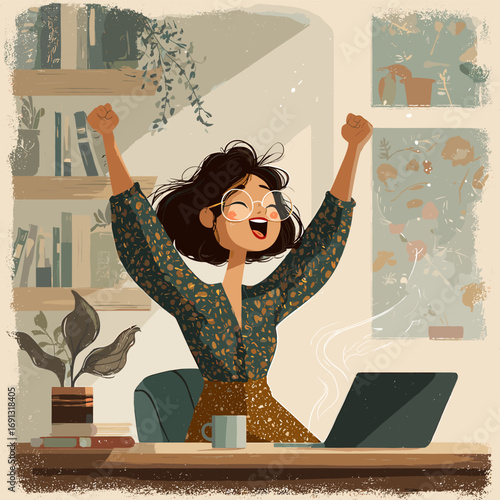 A woman raising her arms, excited by her laptop in a bright room.  Laptop is on the table and book are on the shelve