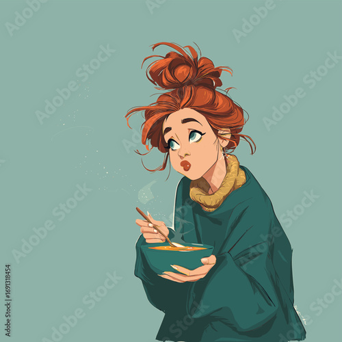 A thoughtful woman enjoys a warm bowl of soup