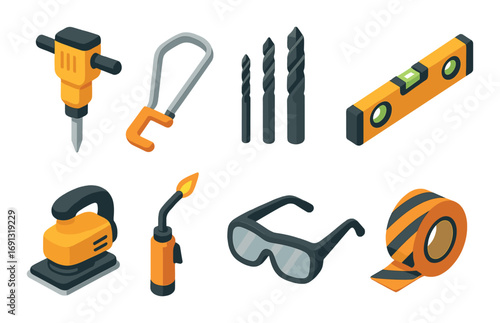 Construction tools flat icon set. featuring jackhammer, saw, drill bits, level, sander, blowtorch, goggles, tape.
