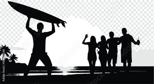 Joyful surfer raises surfboard in celebration with friends at sunset beach