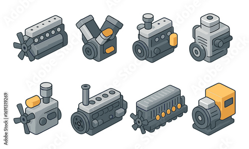 Industrial steampunk silhouette icon set. featuring engine, machine, motor, boiler, pump, and generator symbols.