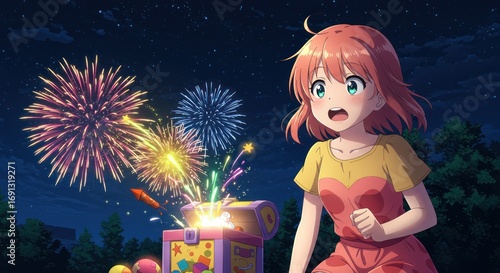Anime Girl's Fireworks Adventure A Night of Colorful Explosions and Delight