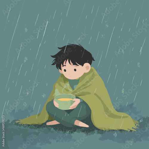 A boy sheltered from the rain, holding a warm cup of tea. The scene evokes a sense of comfort and coziness amidst the storm
