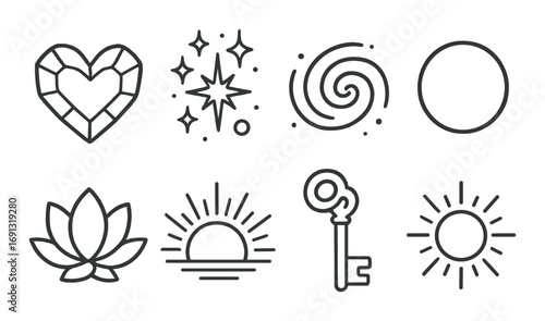 Spiritual and nature linear icon set. featuring heart, stars, spiral, circle, lotus, sunset, key, and sun symbols.