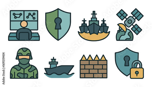Military and defense flat icon set. featuring command center, shield, naval fleet, satellite, soldier, warship, fortress.