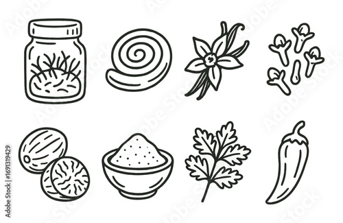 Food spices flat icon set. featuring jar, cinnamon, vanilla, cloves, nutmeg, coriander, and pepper symbols.