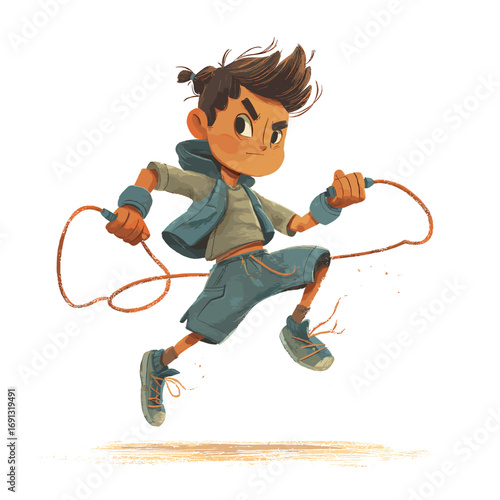 A young boy is jumping rope with determination and energy