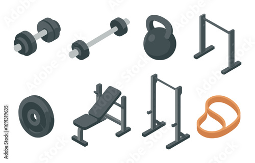 Fitness equipment silhouette icon set. featuring dumbbell, barbell, kettlebell, dip bars, weight plate, bench, rings.