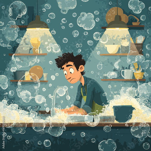 A person overwhelmed by bubbles in the kitchen. The image is a colorful illustration of a man, looking exhausted, surrounded by bubbles, sink and other kitchen items