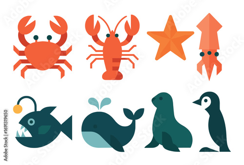 Marine life flat icons set. featuring crab, lobster, starfish, squid, anglerfish, whale, seal, penguin.