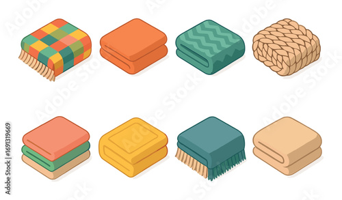 Blanket flat icon set. featuring quilts, fleece, knitted, woven, tartan, patchwork, wool, and throws.