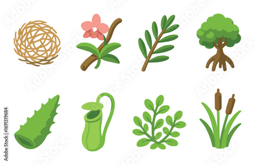 Nature plants flat icon set. featuring tumbleweed, flower, branch, mangrove, aloe, pitcher plant, bush, reeds.
