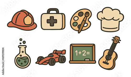 Career paths flat icon set. featuring firefighter, medic, artist, chef, chemist, racer, teacher, musician symbols.