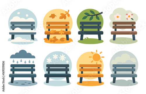 Seasonal scenes flat icons set. featuring snowy bench, autumn leaves, spring flowers, and sunny weather symbols.