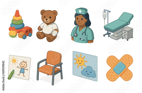 Pediatric care flat icon set. featuring toys, bear, nurse, bed, art, chair, cloud, and bandage symbols.