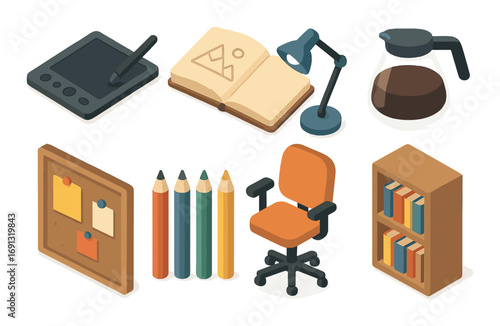 Office and creative tools flat icon set. featuring tablet, book, lamp, coffee pot, board, pencils, chair, and bookshelf.