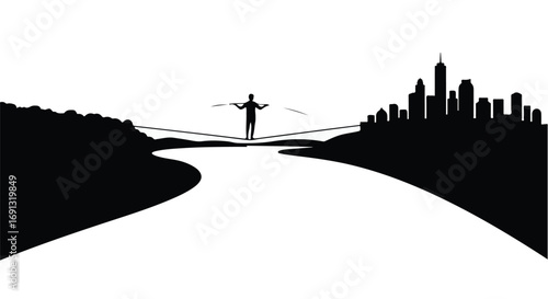 Silhouette of a person balancing on a tightrope over a river with a city skyline in the background.