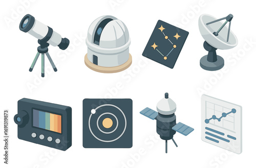 Space exploration flat icon set. featuring telescope, observatory, constellation, satellite, radar, and orbit chart.