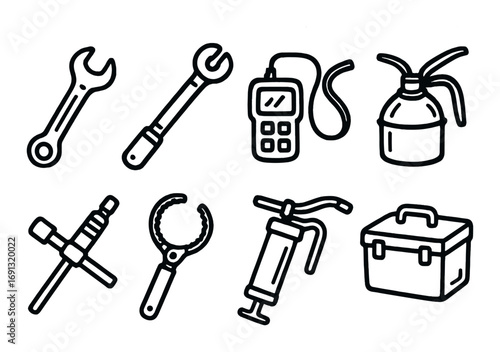 Automotive repair linear icons set. featuring wrench, socket, diagnostic, oil can, and toolbox symbols.