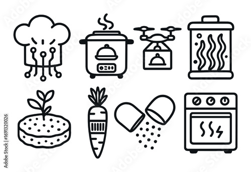 Smart cooking linear icon set. featuring ai chef, rice cooker, drone delivery, dehydrator, hydroponics, automated oven.