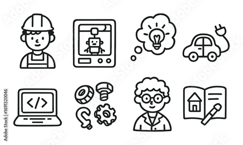 Technology and innovation linear icon set. featuring engineer, 3d printing, idea, electric car, coding, and scientist symbols.
