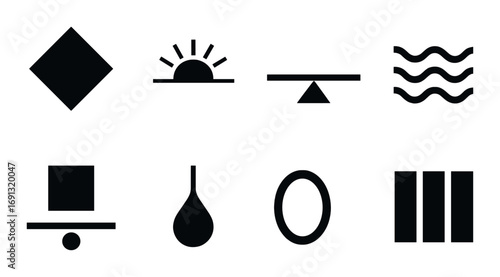 Minimalistic silhouette icon set. featuring square, sunrise, balance, waves, hat, droplet, oval, and stripes.