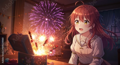 A beautiful anime girl with a look of pure amazement watches as a magical box unleashes a dazzling indoor firework display