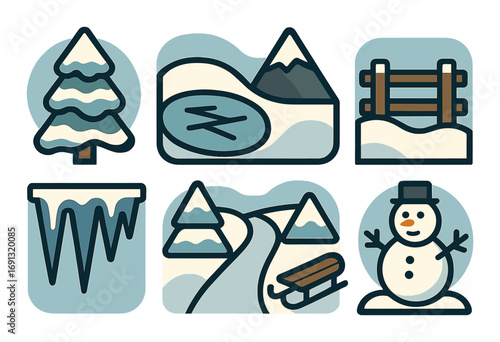 Winter activities flat icons set. featuring skiing, snowboarding, snowman, sledding, ice skating, and snowflakes.