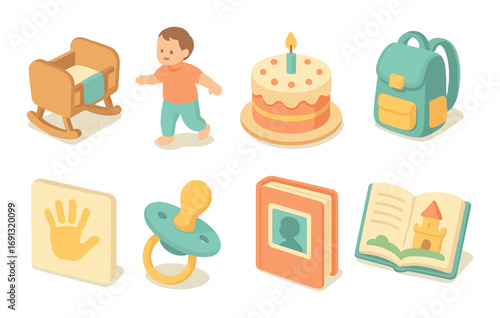 Baby essentials flat icon set. cradle, toddler, birthday cake, backpack, handprint, pacifier, photo album, storybook.