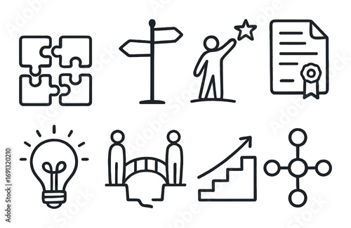 Business growth linear icons set. featuring puzzle, direction, achievement, certificate, idea, teamwork, growth, and network symbols.