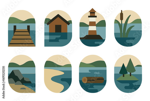 Nature landscape flat icon set. featuring dock, cabin, lighthouse, reeds, rocks, beach, log, island..