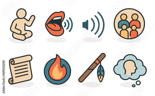 Communication and culture flat icon set. featuring speech, listening, community, scroll, fire, pipe, thought symbols.