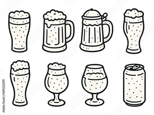 Beer styles linear icon set. featuring pint, mug, stein, lager, ale, glass, and can symbols.