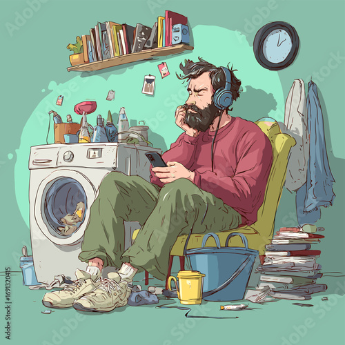 A person enjoying music while waiting for the laundry to finish. They are surrounded by a chaotic domestic environment
