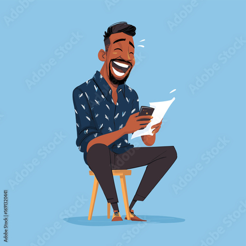 Joyful man laughing while reading document and phone. The man is sitting on the stool. The illustration is against blue background. 