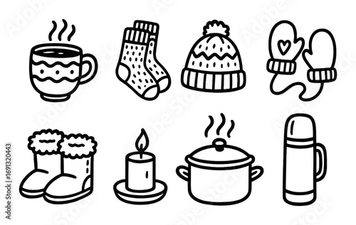 Winter essentials linear icon set. featuring mug, socks, hat, mittens, boots, candle, pot, and thermos.