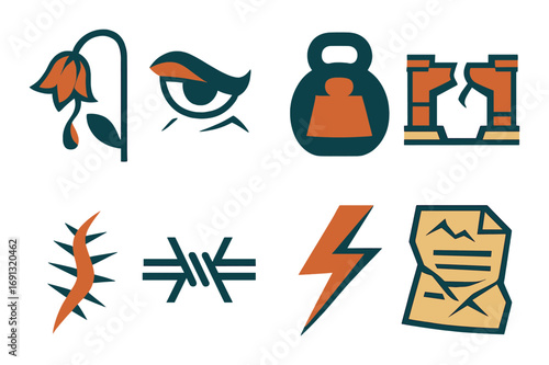 Security and defense silhouette icon set. featuring surveillance, weight, fortification, and document protection symbols.