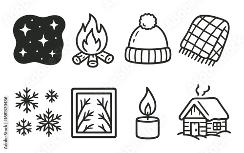 Winter essentials linear icon set. featuring blanket, campfire, hat, scarf, snowflakes, window, candle, house.