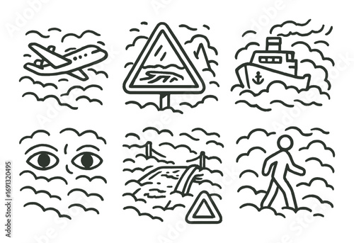 Travel and navigation linear icon set. featuring airplane, road sign, ship, eyes, bridge, and pedestrian symbols.