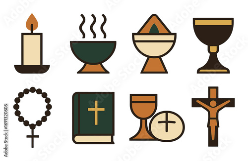 Christianity flat icon set. featuring candle, chalice, rosary, cross, bible, eucharist, and crucifix symbols.